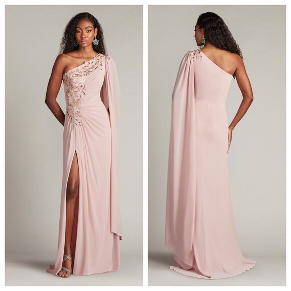 Tadashi Shoji Sonora Sequin Leaf Detail One-Shoulder Chiffon Gown - Picture 1 of 5